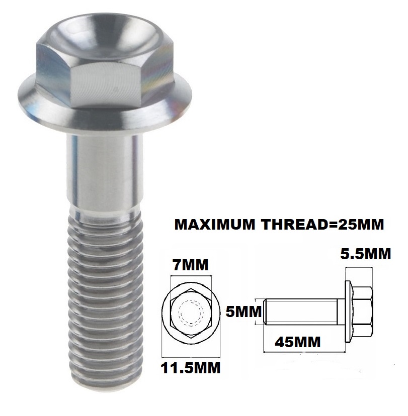 M5X45MM .8 THREAD PITCH TITANIUM FLANGE 7MM HEX BOLT GRADE 5